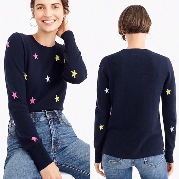 J. Crew 100% Cashmere Navy Stars Crewneck Sweater - Picture 1 of 7